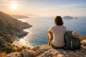 Allein reisende Person sitzt mit Rucksack auf einer Klippe und blickt auf das Meer bei warmem Abendlicht.