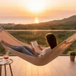 Eine gemütliche, ästhetische Szene mit Fokus auf Entspannung. Ein aufgeschlagenes Buch, eine dampfende Tasse Tee und ein Buch, das weit weg auf einem Beistelltisch liegt.