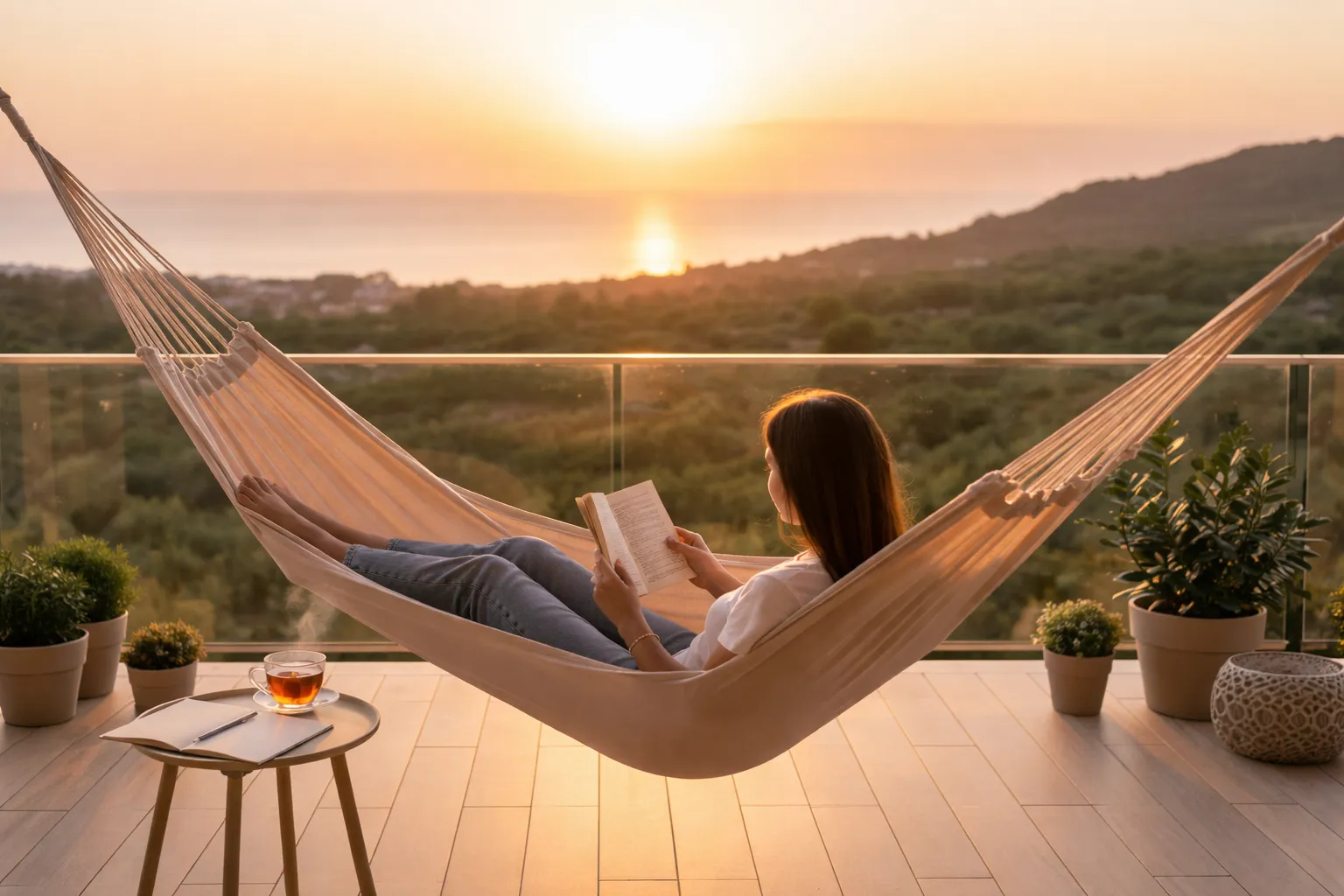 Eine gemütliche, ästhetische Szene mit Fokus auf Entspannung. Ein aufgeschlagenes Buch, eine dampfende Tasse Tee und ein Buch, das weit weg auf einem Beistelltisch liegt.