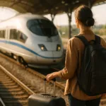 Reisende Person mit Gepäck steht auf einem Bahnsteig und blickt auf einen modernen Zug bei warmem Tageslicht.