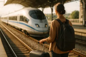 Reisende Person mit Gepäck steht auf einem Bahnsteig und blickt auf einen modernen Zug bei warmem Tageslicht.