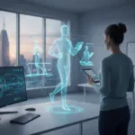 Fotorealistische Darstellung eines leuchtenden, digitalen Zwillings in Form eines menschlichen Hologramms, das Sport treibt, vor einer Person im modern eingerichteten Home-Office mit Blick auf eine Skyline – Symbol für KI-gestützte Selbstoptimierung und Neujahrsvorsätze.
