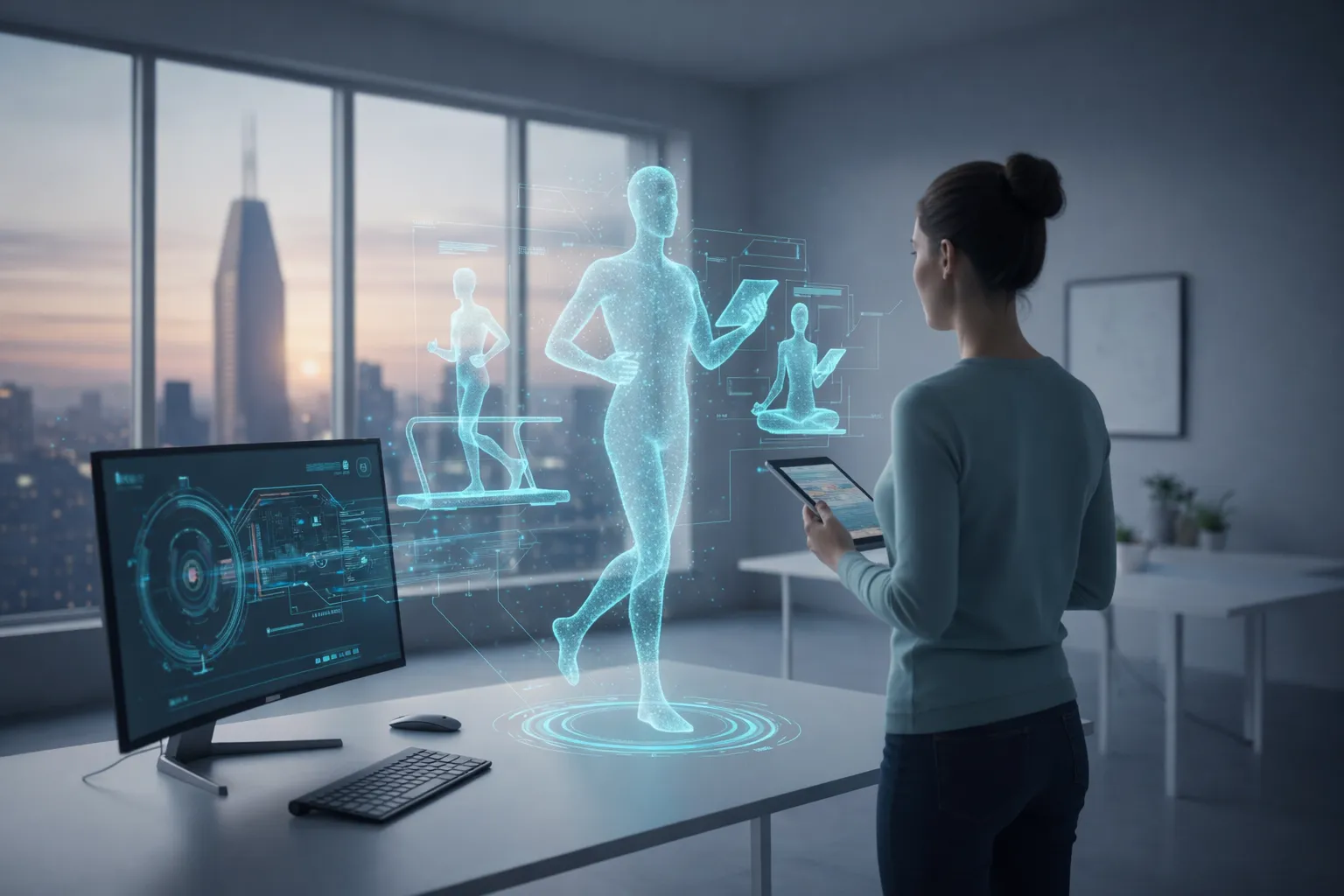 Fotorealistische Darstellung eines leuchtenden, digitalen Zwillings in Form eines menschlichen Hologramms, das Sport treibt, vor einer Person im modern eingerichteten Home-Office mit Blick auf eine Skyline – Symbol für KI-gestützte Selbstoptimierung und Neujahrsvorsätze.