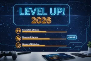 Monitor, auf dem ein futuristisches Gamification-Dashboard mit Fortschrittsbalken und 'Level Up'-Elementen für die Lebensziele 2026 zu sehen ist – helles, professionelles Design.