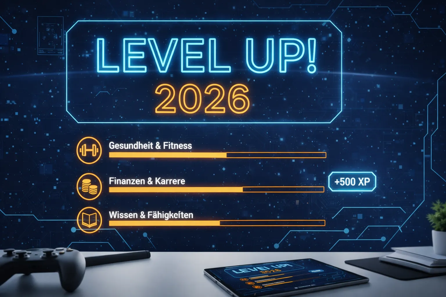 Monitor, auf dem ein futuristisches Gamification-Dashboard mit Fortschrittsbalken und 'Level Up'-Elementen für die Lebensziele 2026 zu sehen ist – helles, professionelles Design.