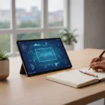 Modernes Homeoffice mit Tablet auf Holzschreibtisch, digitalen Analyse-Grafiken auf dem Bildschirm und einer Hand, die Notizen in ein offenes Notizbuch schreibt, bei hellem Tageslicht.