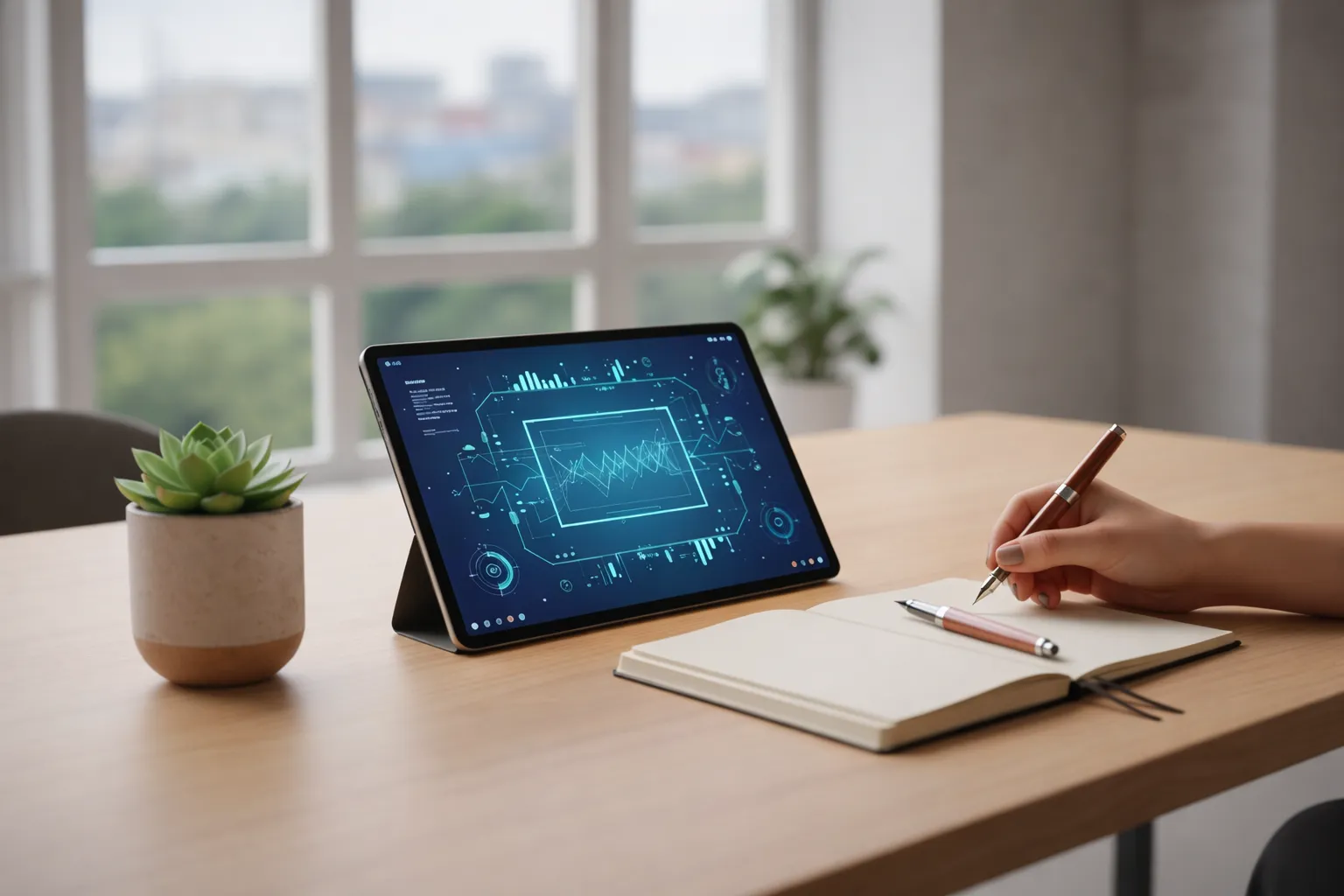 Modernes Homeoffice mit Tablet auf Holzschreibtisch, digitalen Analyse-Grafiken auf dem Bildschirm und einer Hand, die Notizen in ein offenes Notizbuch schreibt, bei hellem Tageslicht.