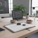 Nahaufnahme eines modernen Schreibtisches mit Biohacking-Equipment: Ein eleganter Smart Ring und ein Glukose-Tracking-Sensor liegen auf einem Notizbuch, im hellen Hintergrund ein Laptop mit Gesundheitsdaten-Charts.