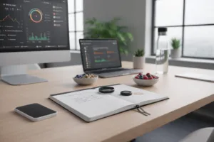 Nahaufnahme eines modernen Schreibtisches mit Biohacking-Equipment: Ein eleganter Smart Ring und ein Glukose-Tracking-Sensor liegen auf einem Notizbuch, im hellen Hintergrund ein Laptop mit Gesundheitsdaten-Charts.
