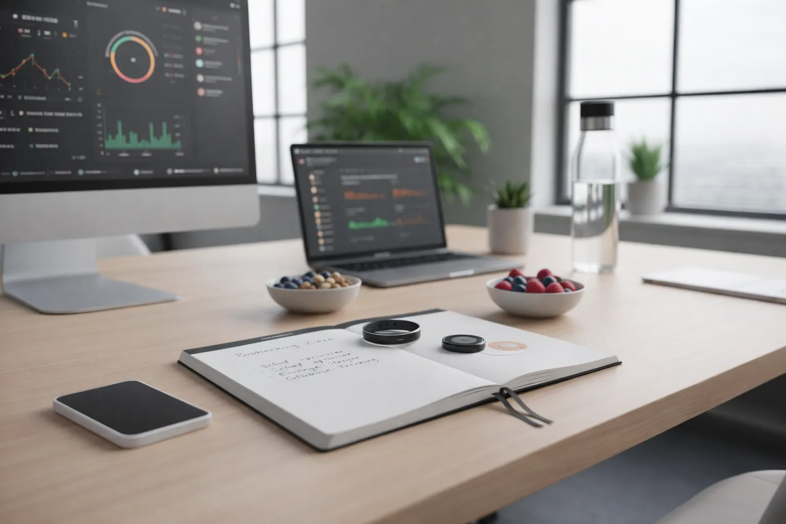 Nahaufnahme eines modernen Schreibtisches mit Biohacking-Equipment: Ein eleganter Smart Ring und ein Glukose-Tracking-Sensor liegen auf einem Notizbuch, im hellen Hintergrund ein Laptop mit Gesundheitsdaten-Charts.