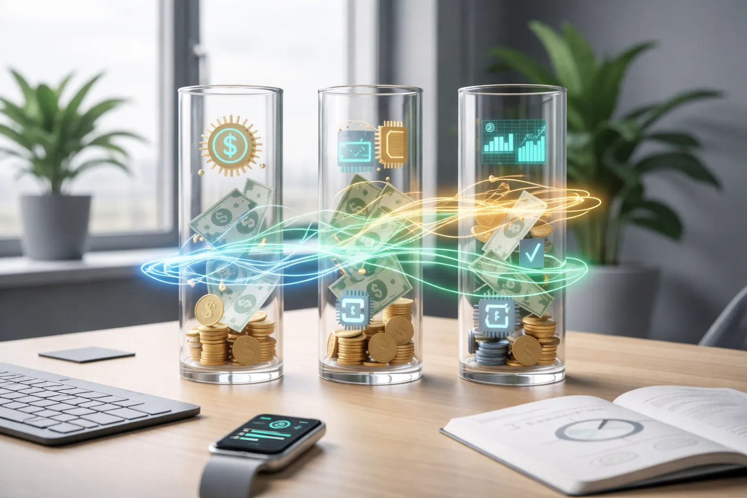 Drei transparente Glaszylinder mit Münzen und Geldscheinen, verbunden durch leuchtende digitale Linien, symbolisieren moderne Geldflüsse, Investitionen und Finanztechnologie auf einem Schreibtisch im Büro.