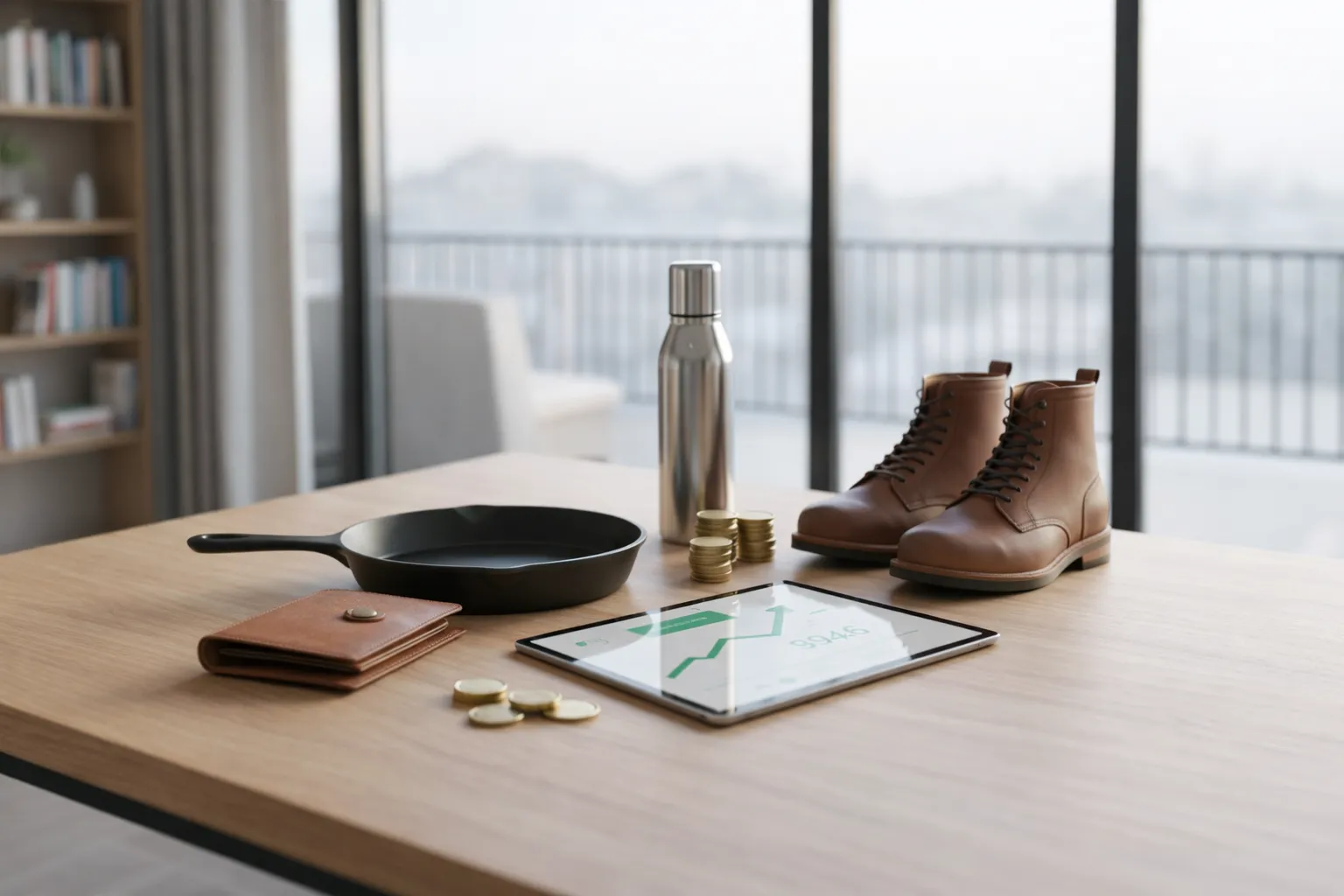 Eine Auswahl an langlebigen Qualitätsprodukten wie eine gusseiserne Pfanne, Lederboots und eine Edelstahlflasche auf einem hellen Holztisch, kombiniert mit gestapelten Münzen und einem Tablet, das eine positive Finanzkurve für 2026 zeigt – Symbolbild für den Buy-It-For-Life Spartrend.