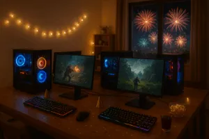 Fotorealistisches Bild einer gemütlichen Silvester-LAN-Party: mehrere beleuchtete Gaming-PCs, RGB-Tastaturen und Monitore mit dynamischen Spielgrafiken, Snacks und Getränke auf dem Tisch, kleine Partyhütchen und dezentes Konfetti. Wohnzimmer- oder Hobbykeller-Raum mit großem Tisch für mehrere Gaming-Plätze, im Hintergrund ein Fenster, durch das man ein buntes Silvester-Feuerwerk draußen sehen kann.