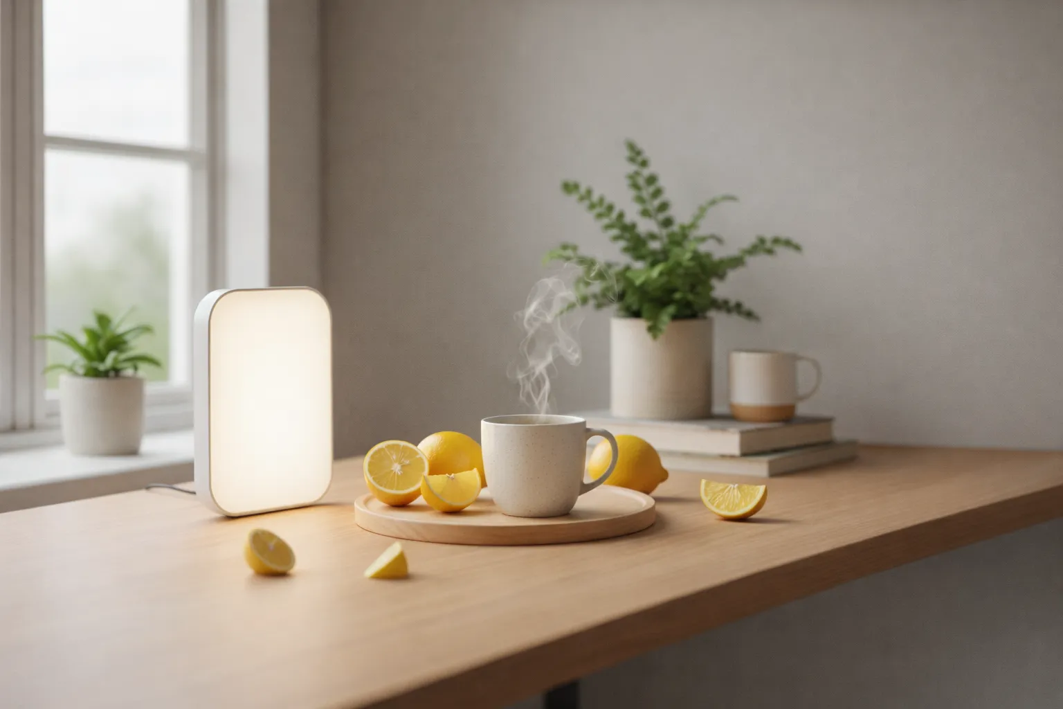 Fotorealistische Nahaufnahme einer hellen Lichttherapielampe, einer dampfenden Tasse Tee und frischen Zitronen auf einem Holztisch als wissenschaftliche Methoden gegen den Blue Monday.