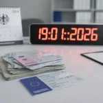 Ein Stapel europäischer Führerscheine im Scheckkartenformat auf einem Schreibtisch mit einem Kalender im Hintergrund, der auf das Fristjahr 2026 hinweist, in heller und professioneller Studio-Optik.