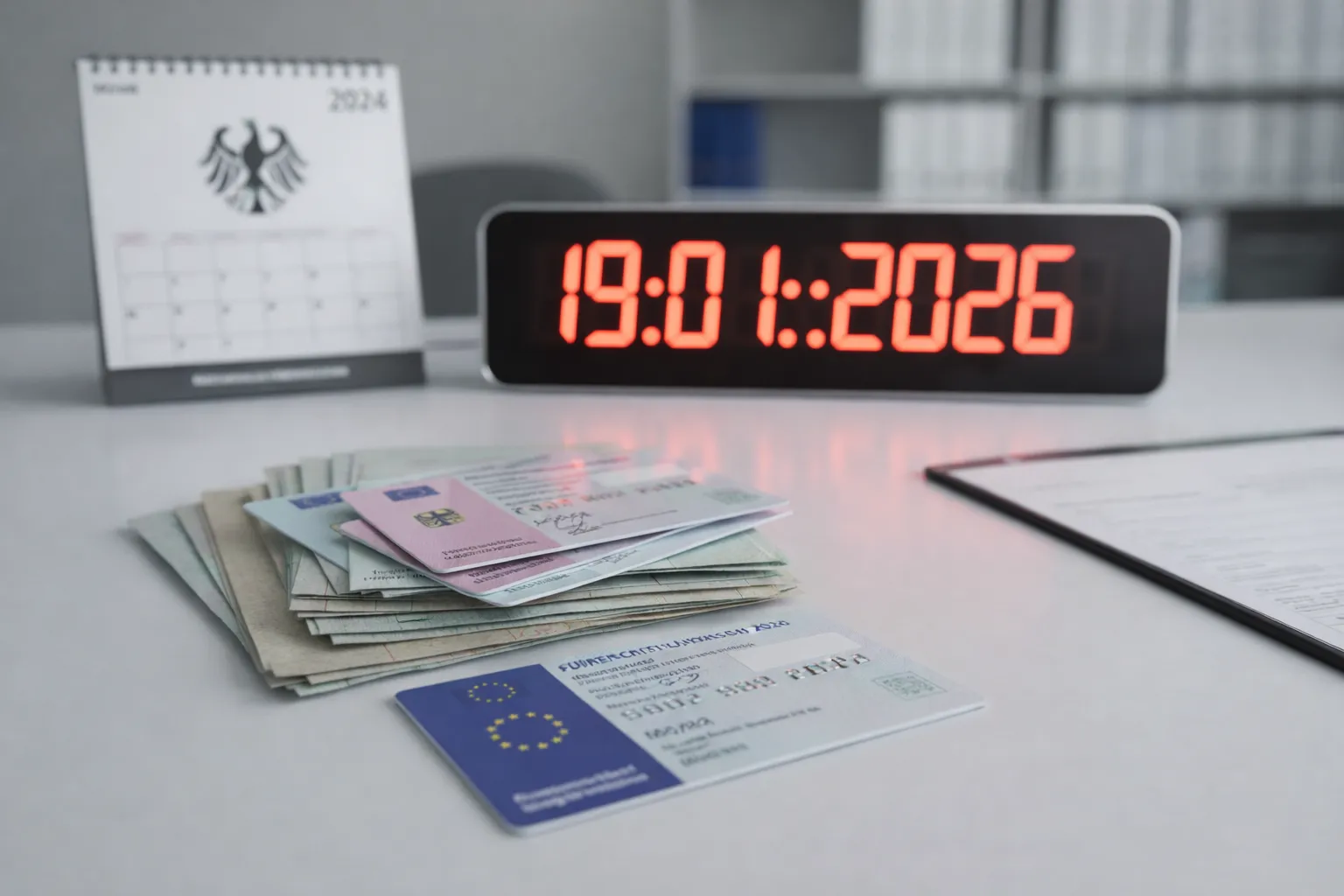 Ein Stapel europäischer Führerscheine im Scheckkartenformat auf einem Schreibtisch mit einem Kalender im Hintergrund, der auf das Fristjahr 2026 hinweist, in heller und professioneller Studio-Optik.