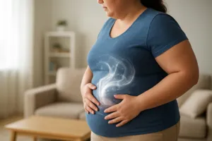 Frau mit sichtbarem Stressbauch hält sich den Bauch, umgeben von symbolischen Cortisol-Wirbeln in einem hellen Wohnzimmer.