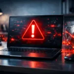 Laptop mit Windows 10 zeigt Warnsymbol, symbolisiert Sicherheitsrisiken und fehlenden Schutz nach Support-Ende