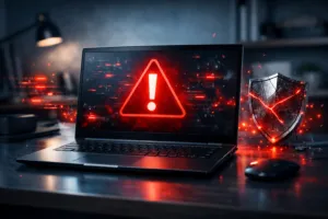Laptop mit Windows 10 zeigt Warnsymbol, symbolisiert Sicherheitsrisiken und fehlenden Schutz nach Support-Ende