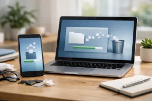 Digital Detox Challenge: Smartphone und Laptop beim Löschen digitaler Daten auf aufgeräumtem Schreibtisch