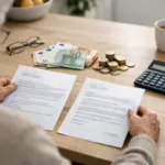 Ältere Person prüft Renten- und Steuerbescheid am Küchentisch mit Geldscheinen, Münzen und Taschenrechner – Rentenanpassung 2026, Steuerfalle oder Geldsegen