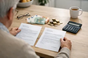 Ältere Person prüft Renten- und Steuerbescheid am Küchentisch mit Geldscheinen, Münzen und Taschenrechner – Rentenanpassung 2026, Steuerfalle oder Geldsegen
