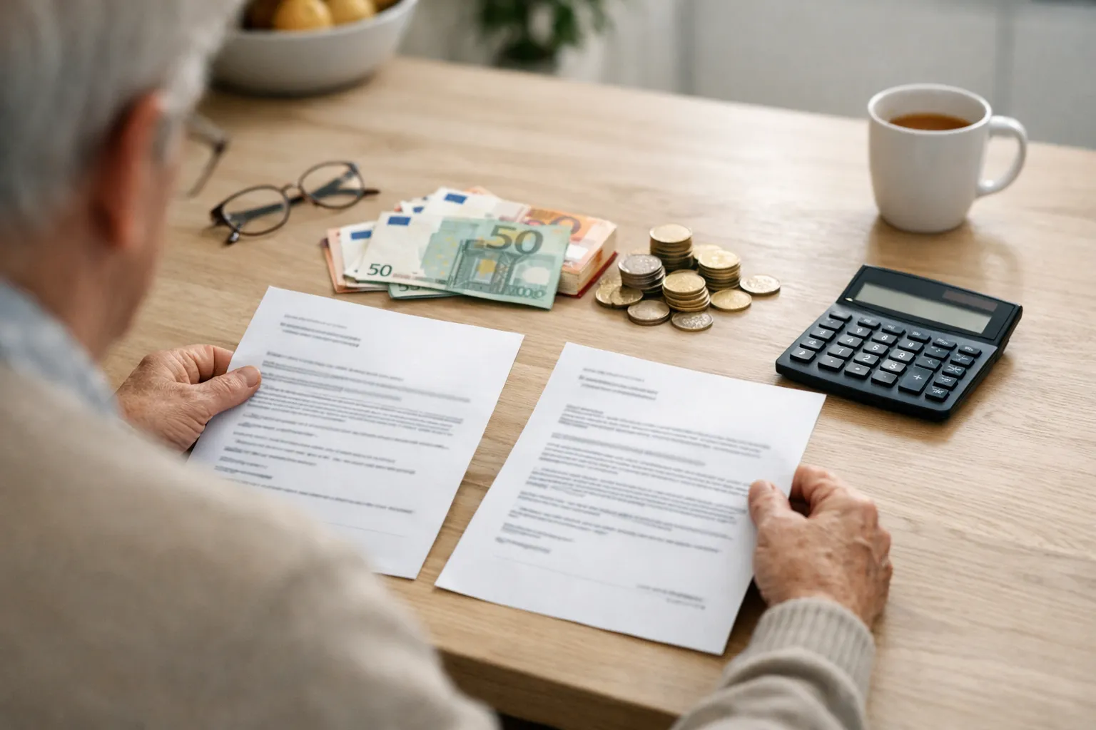 Ältere Person prüft Renten- und Steuerbescheid am Küchentisch mit Geldscheinen, Münzen und Taschenrechner – Rentenanpassung 2026, Steuerfalle oder Geldsegen
