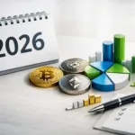 Kalender 2026 mit Bitcoin, Ethereum, Cardano und Diagrammen, symbolisiert Portfolio-Rebalancing und Steuer-Optimierung