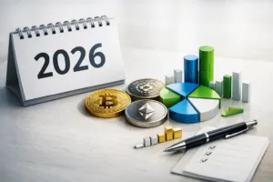 Kalender 2026 mit Bitcoin, Ethereum, Cardano und Diagrammen, symbolisiert Portfolio-Rebalancing und Steuer-Optimierung