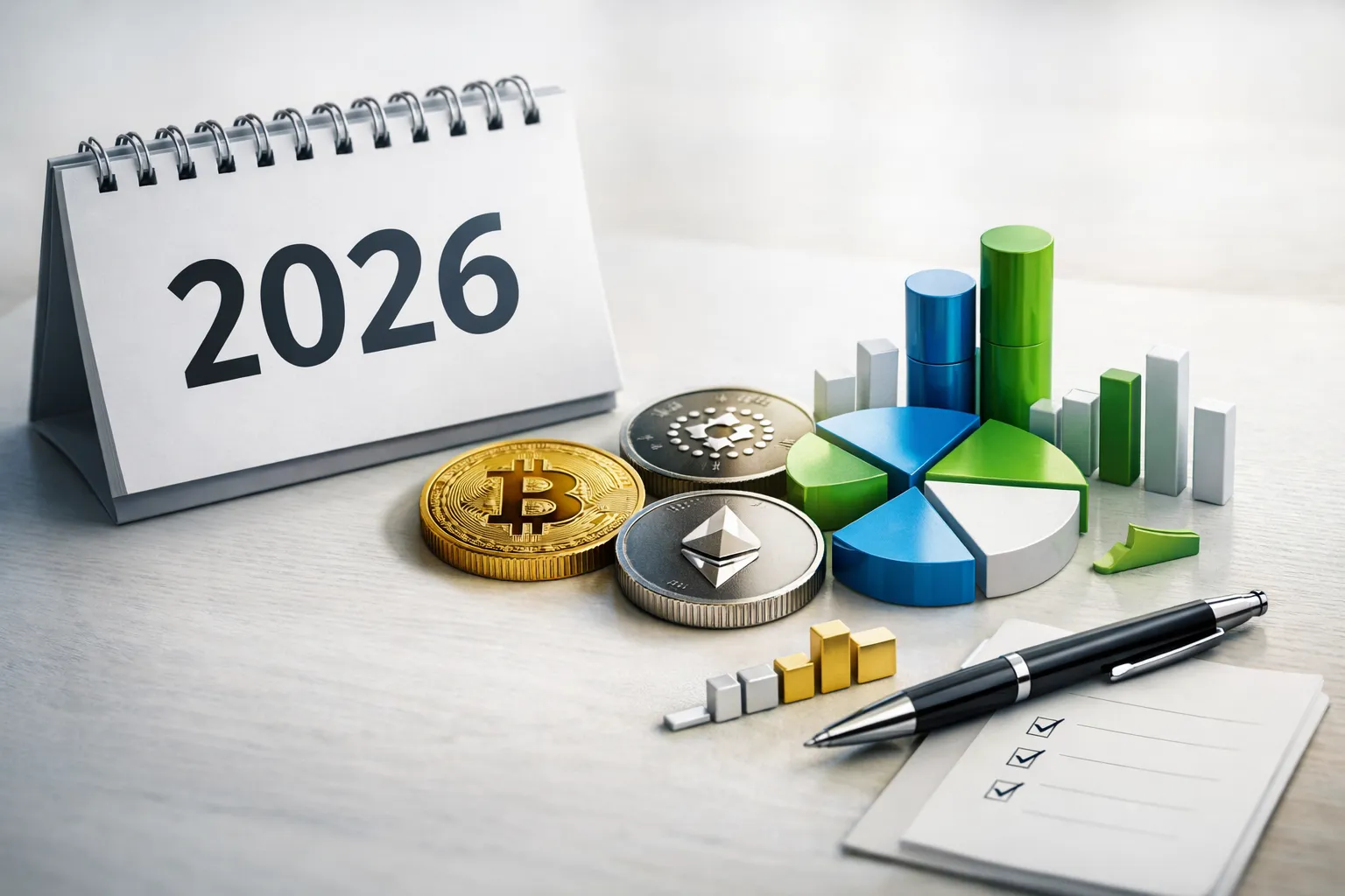 Kalender 2026 mit Bitcoin, Ethereum, Cardano und Diagrammen, symbolisiert Portfolio-Rebalancing und Steuer-Optimierung