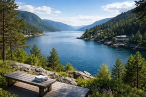 Kühle Sommerlandschaft mit Fjord, blauem Wasser und grünen Wäldern – ideales Coolcation-Reiseziel für den Sommer