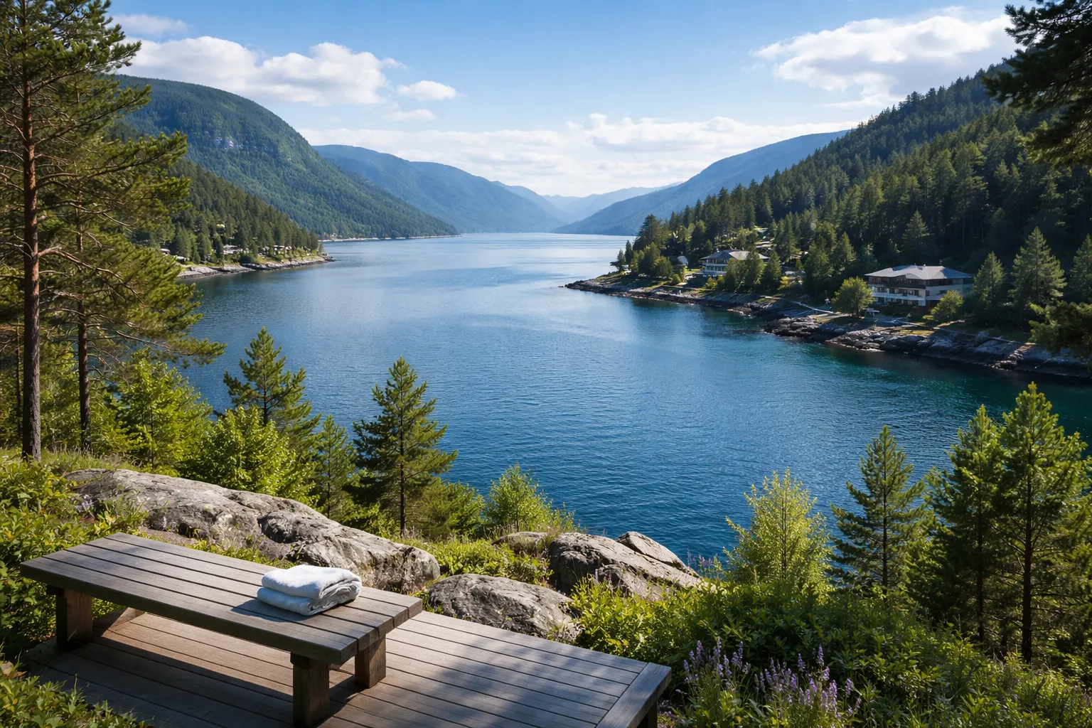 Kühle Sommerlandschaft mit Fjord, blauem Wasser und grünen Wäldern – ideales Coolcation-Reiseziel für den Sommer