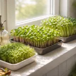 Frische Microgreens auf einer hellen Küchenfensterbank, Sonnenlicht fällt durch das Fenster, gesundes grünes Gemüse für den Januar