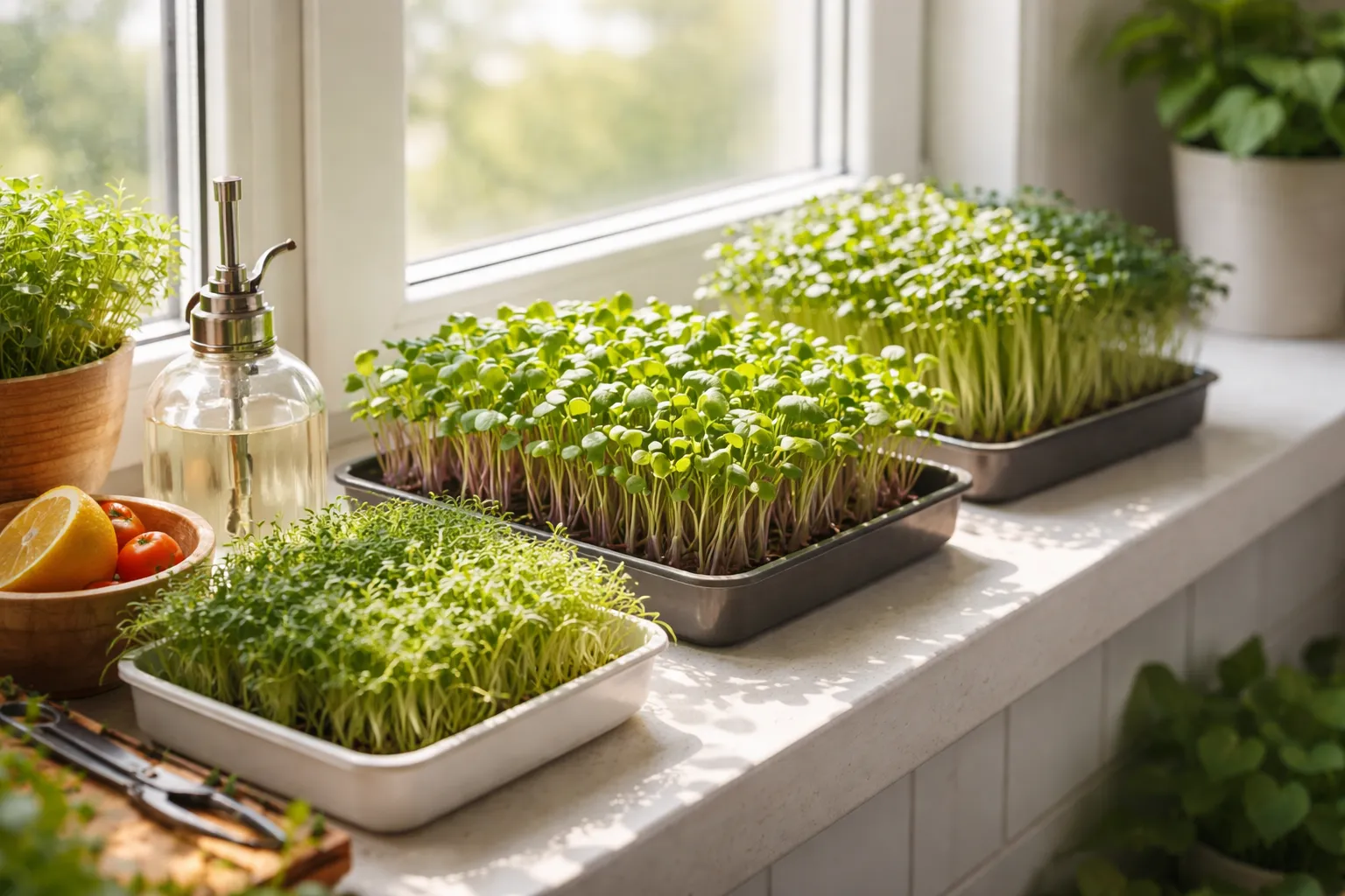 Frische Microgreens auf einer hellen Küchenfensterbank, Sonnenlicht fällt durch das Fenster, gesundes grünes Gemüse für den Januar
