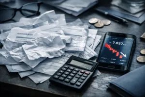 Chaotischer Schreibtisch mit Krankenkassen-Briefen, Gehaltsabrechnung und Taschenrechner symbolisiert steigende Abgaben 2026