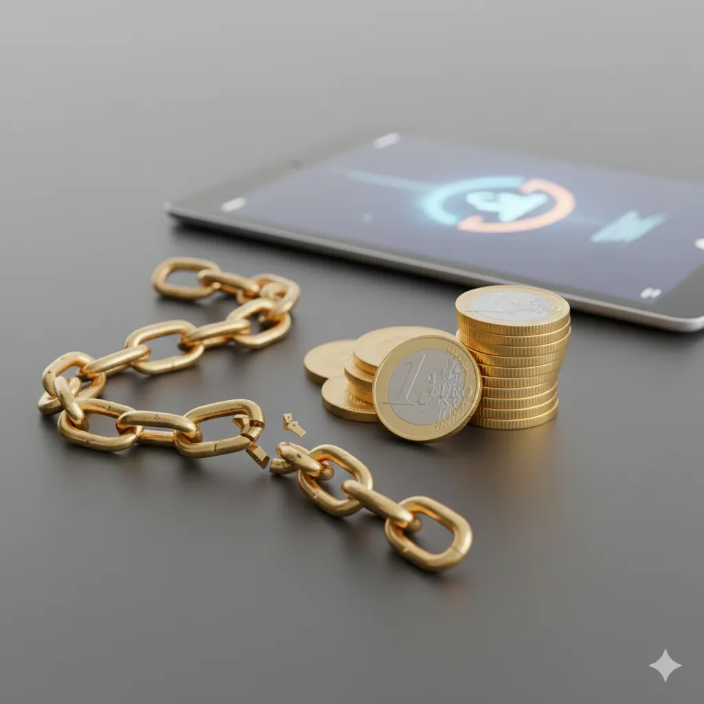 Fotorealistische Darstellung einer zerbrochenen goldenen Kette neben kippenden Euro-Münzen auf einer hellen, modernen Oberfläche – Symbolbild für das Ende der Kundenloyalität und steigende Kosten 2026.