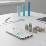 Fotorealistische Nahaufnahme eines Smartphones mit einer ansteigenden Finanzgrafik neben ordentlich gestapelten Münzen auf einem hellen, modernen Schreibtisch – Symbolbild für Fixkosten-Optimierung und Netto-Ersparnis.