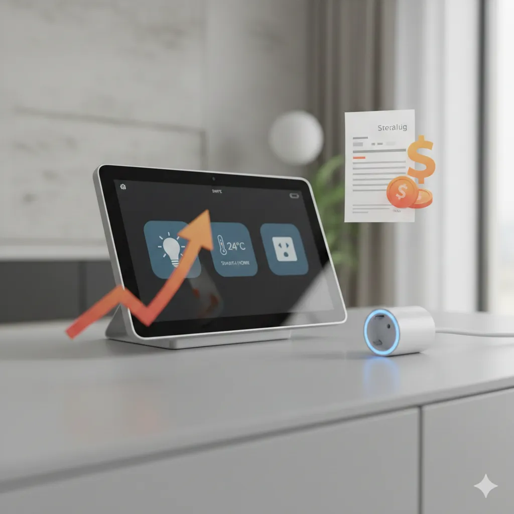 Moderne Smart-Home-Zentrale auf einem Sideboard neben einem intelligenten Zwischenstecker; im Hintergrund deutet eine Grafik mit steigendem Pfeil und Münzsymbolen erhöhte Stromkosten an.
