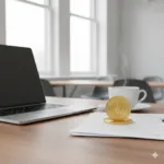 Moderner Freelancer-Arbeitsplatz mit Laptop und Kaffee-Tasse und Goldmünzen als Symbol für finanzielle Absicherung und Risikomanagement.