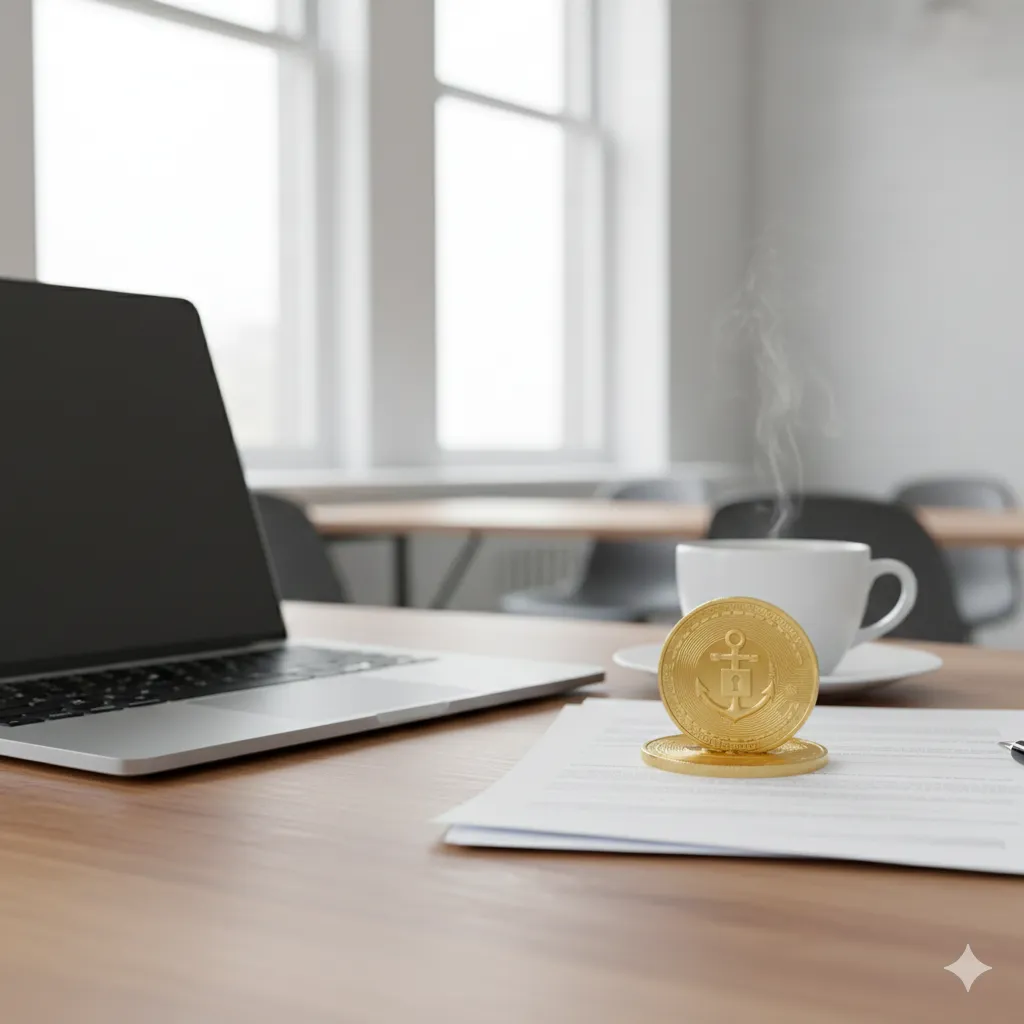 Moderner Freelancer-Arbeitsplatz mit Laptop und Kaffee-Tasse und Goldmünzen als Symbol für finanzielle Absicherung und Risikomanagement.