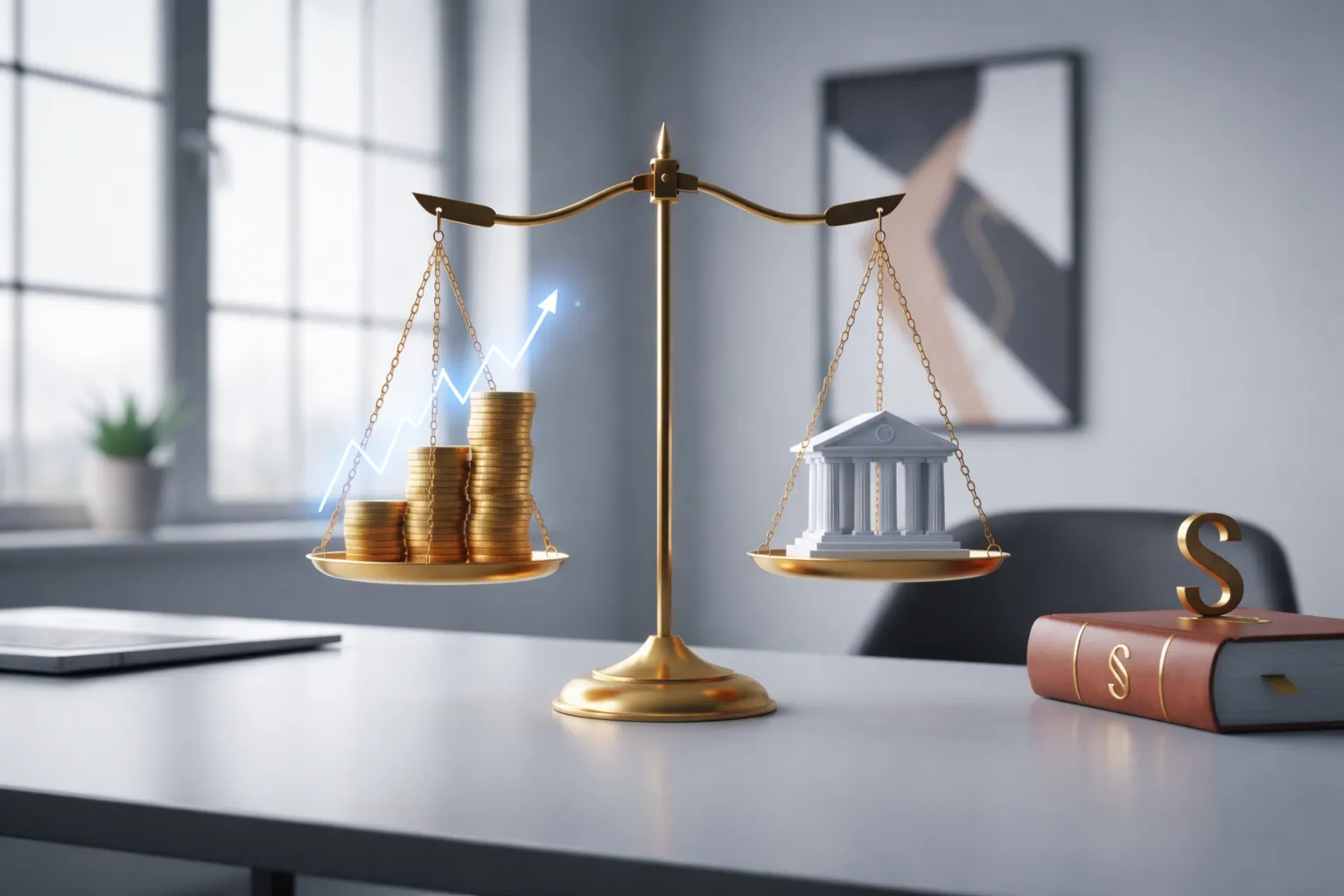 Waage mit steigenden Geldmünzen und Bankgebäude als Symbol für steigende Gerichtskosten, Anwaltsgebühren und finanzielle Belastung im deutschen Rechtssystem.