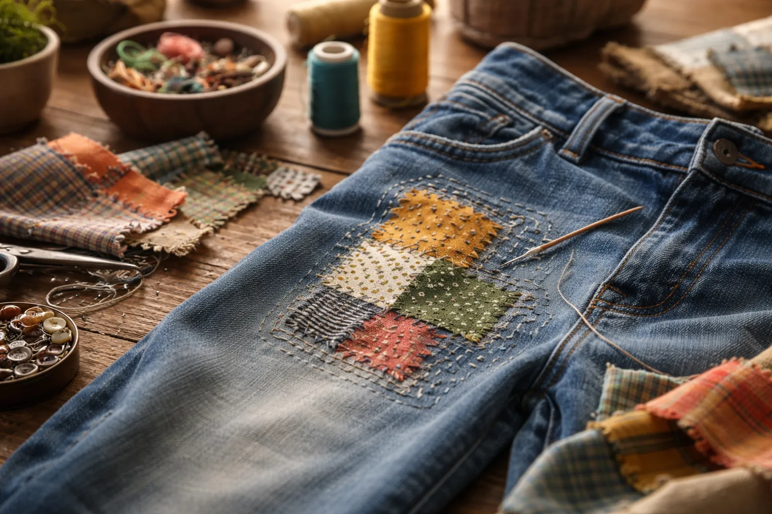 Jeans mit buntem Visible-Mending-Flicken, handgestickt auf Holztisch mit Nähutensilien, nachhaltige Kleidung reparieren statt wegwerfen