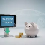 Symbolbild zur Kfz-Steuer und Typklasse: Sparschwein mit Münzen neben digitalem Display „KFZ-Steuer Typklasse“ und schematischem Auto im Hintergrund.