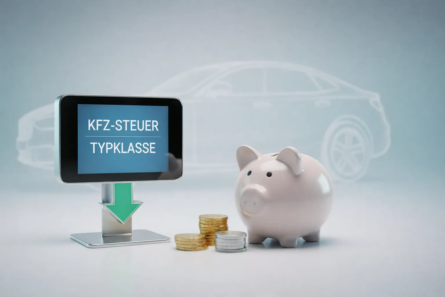 Symbolbild zur Kfz-Steuer und Typklasse: Sparschwein mit Münzen neben digitalem Display „KFZ-Steuer Typklasse“ und schematischem Auto im Hintergrund.