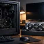 Offenes Gaming-PC-Gehäuse mit leerem PCIe-Slot neben verpackter High-End-Grafikkarte auf modernem Schreibtisch, Symbol für Gaming-Warten und Geduld 2026