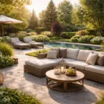 Luxuriöser Garten mit Lounge-Möbeln, Terrasse, Pool und eleganter Bepflanzung bei Sonnenlicht