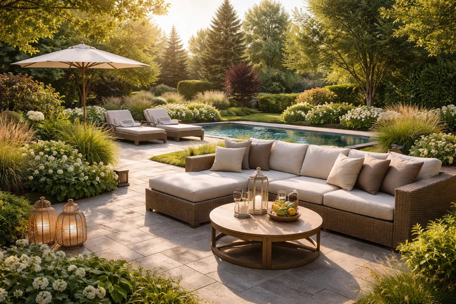 Luxuriöser Garten mit Lounge-Möbeln, Terrasse, Pool und eleganter Bepflanzung bei Sonnenlicht