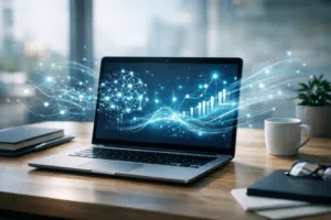 Fotorealistisches SEO-Strategie-Bild 2026 mit Laptop, KI-Netzwerken und steigenden Datenanalysen für bessere Sichtbarkeit in Suchmaschinen