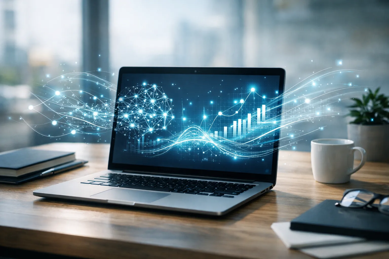 Fotorealistisches SEO-Strategie-Bild 2026 mit Laptop, KI-Netzwerken und steigenden Datenanalysen für bessere Sichtbarkeit in Suchmaschinen