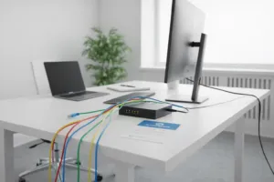 Modernes Büro mit Glasfaser-Netzwerk, Switch und farbigen LAN-Kabeln auf Schreibtisch neben Laptop und Monitor.